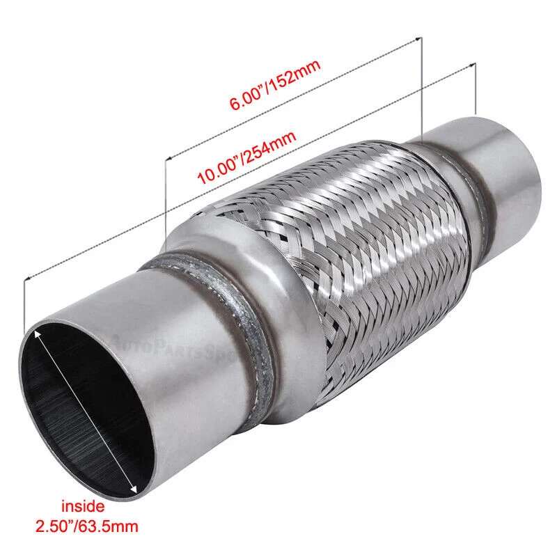 2.5" x 6" Exhaust Flex Pipe Heavy Duty Stainless Steel Double Braided 10"OL - Image 2