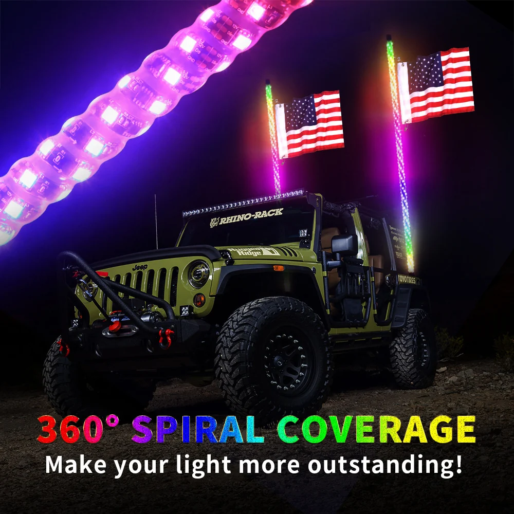 2PCS 3FT RGB Spiral LED Whip Lights Antenna Chase + Flag for ATV UTV - Image 3