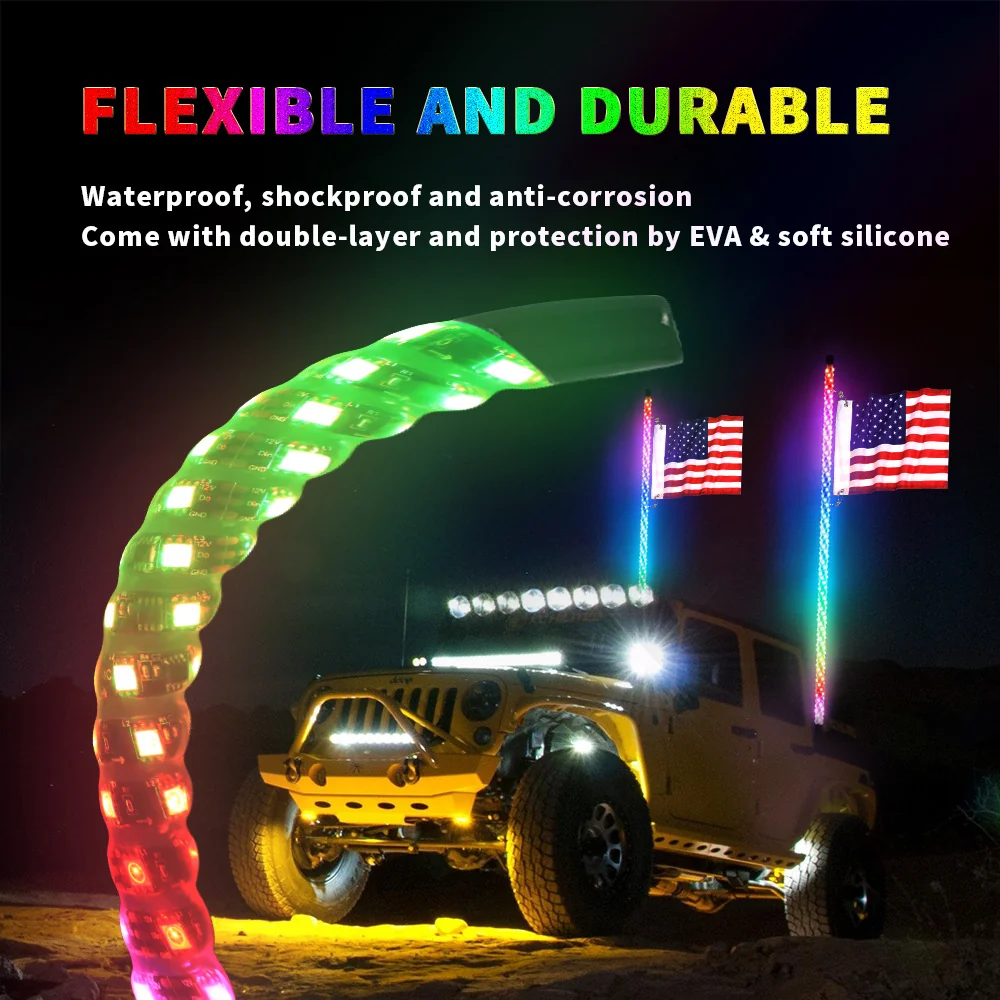 2PCS 3FT RGB Spiral LED Whip Lights Antenna Chase + Flag for ATV UTV - Image 4