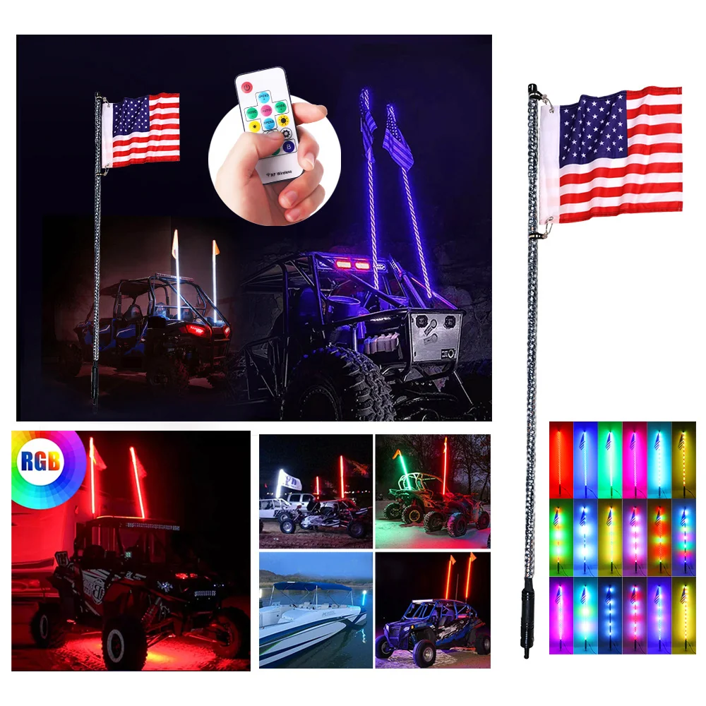 2PCS 3FT RGB Spiral LED Whip Lights Antenna Chase + Flag for ATV UTV - Image 5