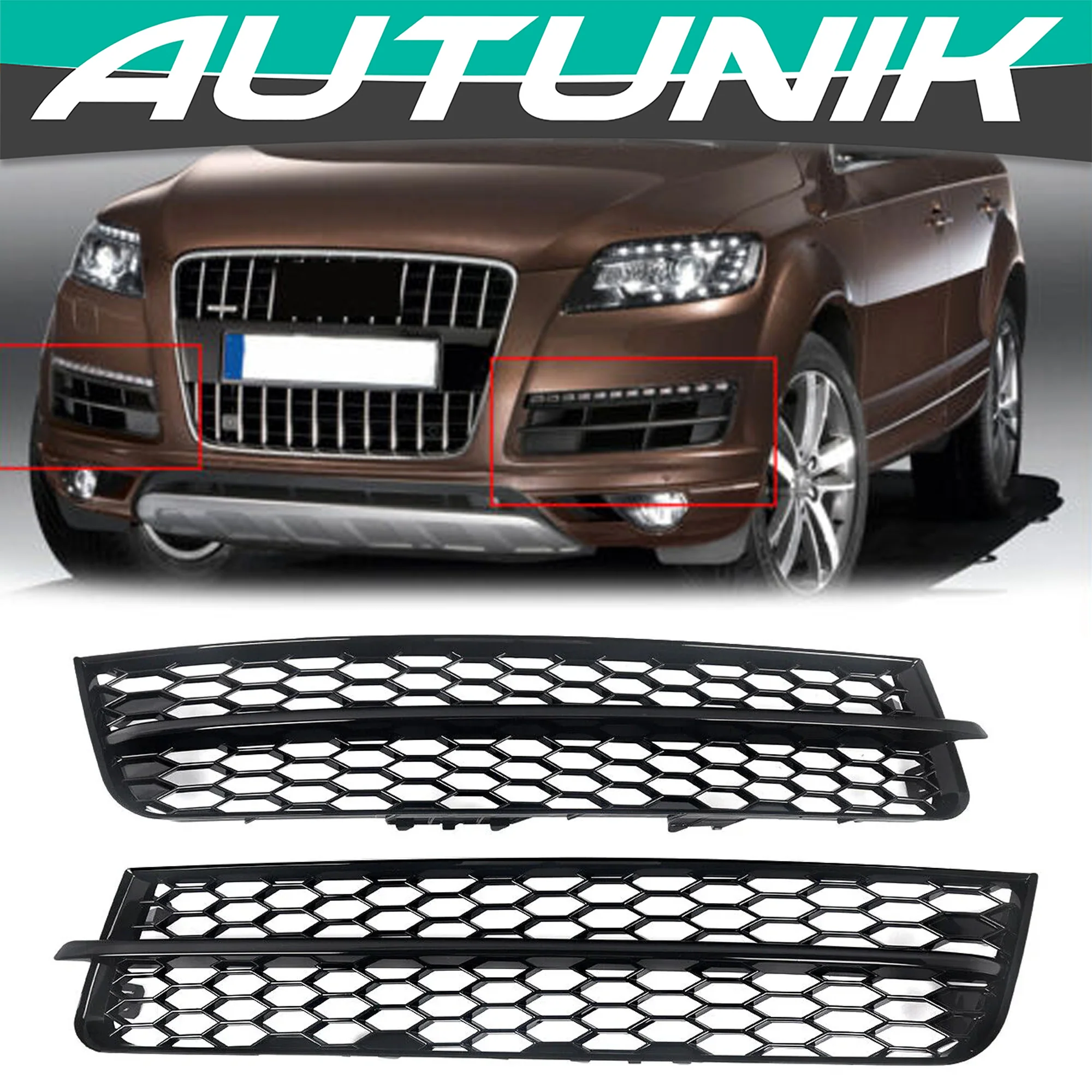 Pair Front Lower Bumper Grille Fog Light Cover Gloss Black For Audi Q7 2010-2015
