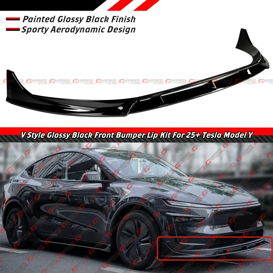 4pcs For 2025-2026 Tesla Model Y Juniper V Style Gloss Black Front Bumper Lip Splitter - Image 2