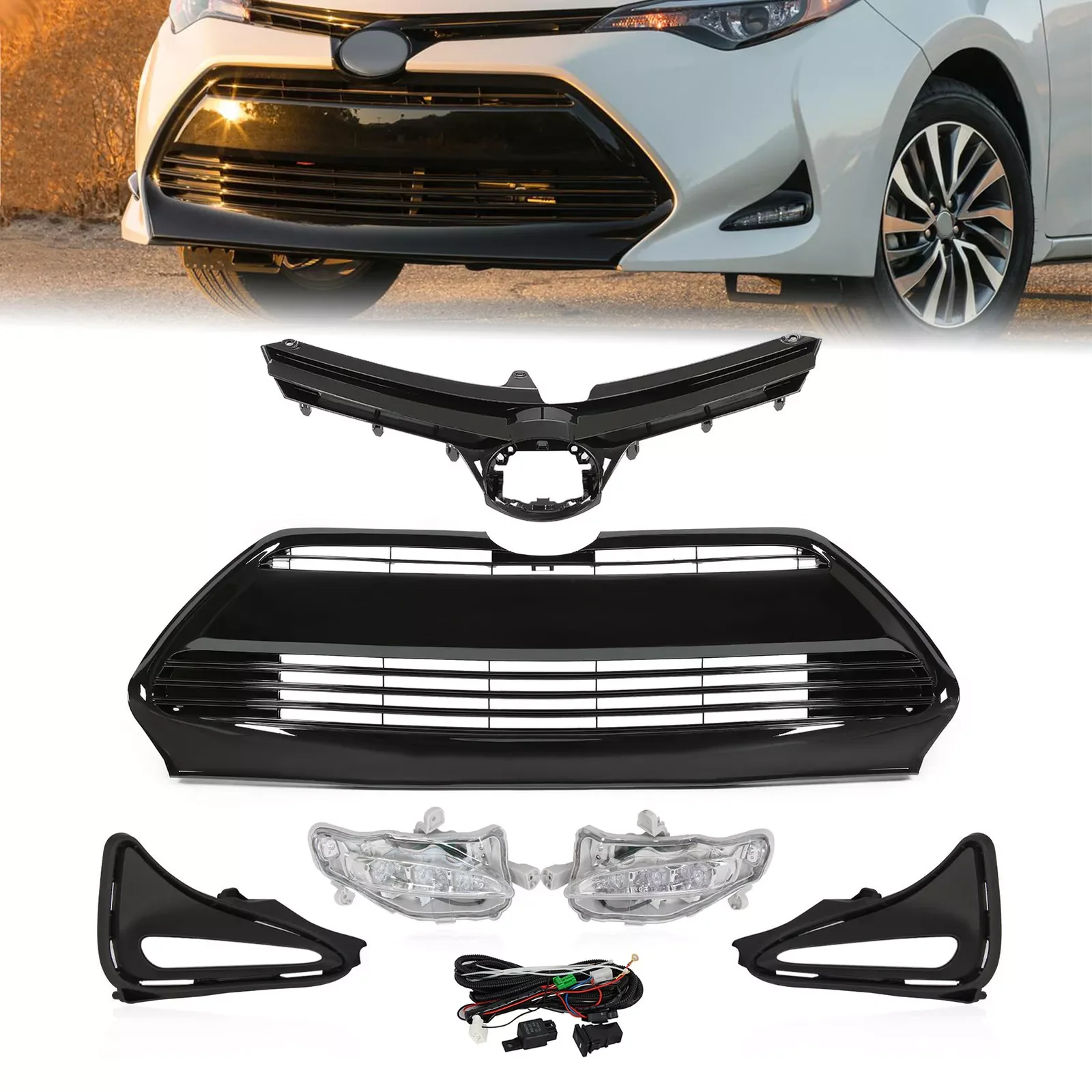 6pcs Gloss Black Front Upper/Lower Bumper Grille Set For Toyota Corolla 2017- 2019