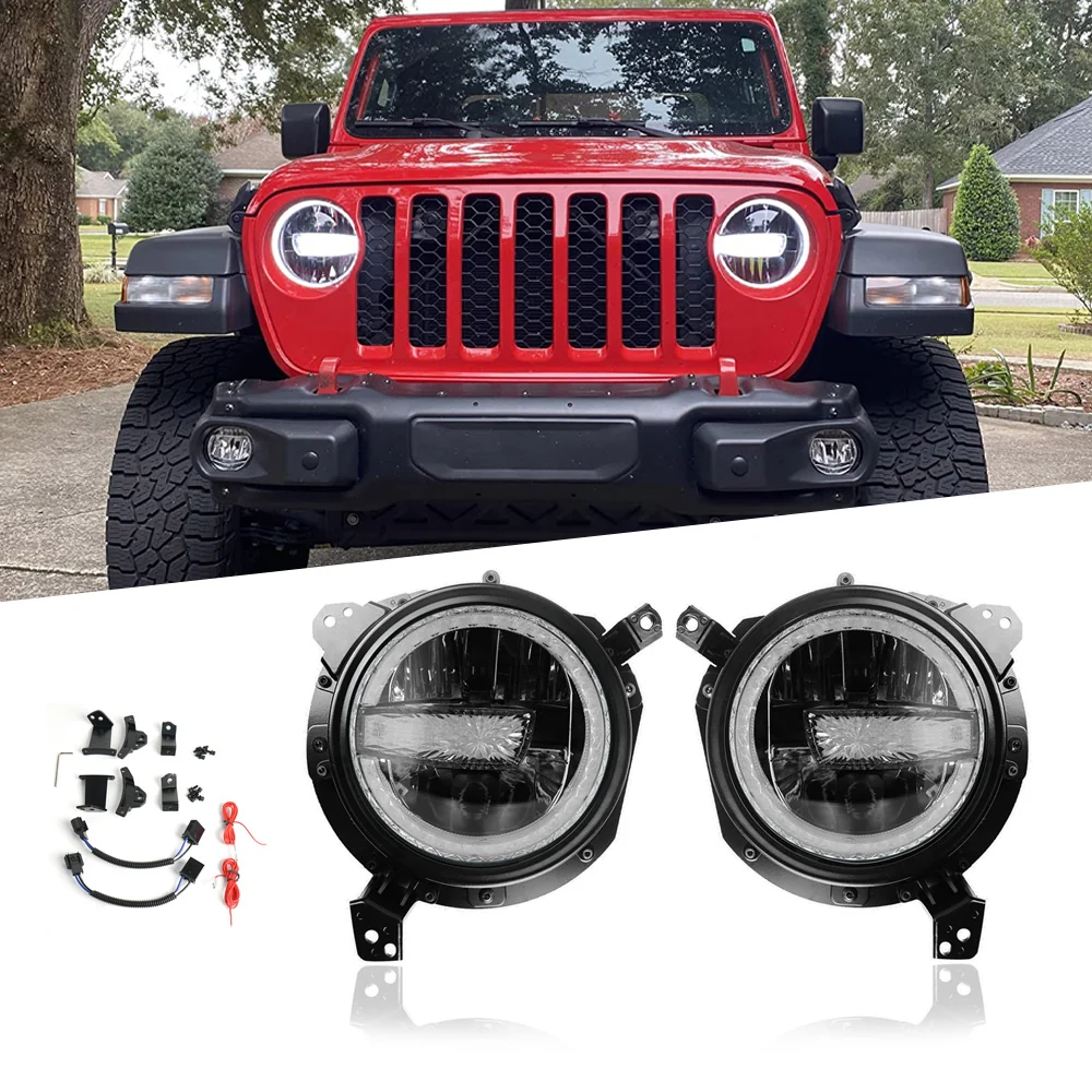 7'' LED Headlights w/Halo + 9'' Brackets for 2018-2024 Jeep Wrangler JL JLU Gladiator