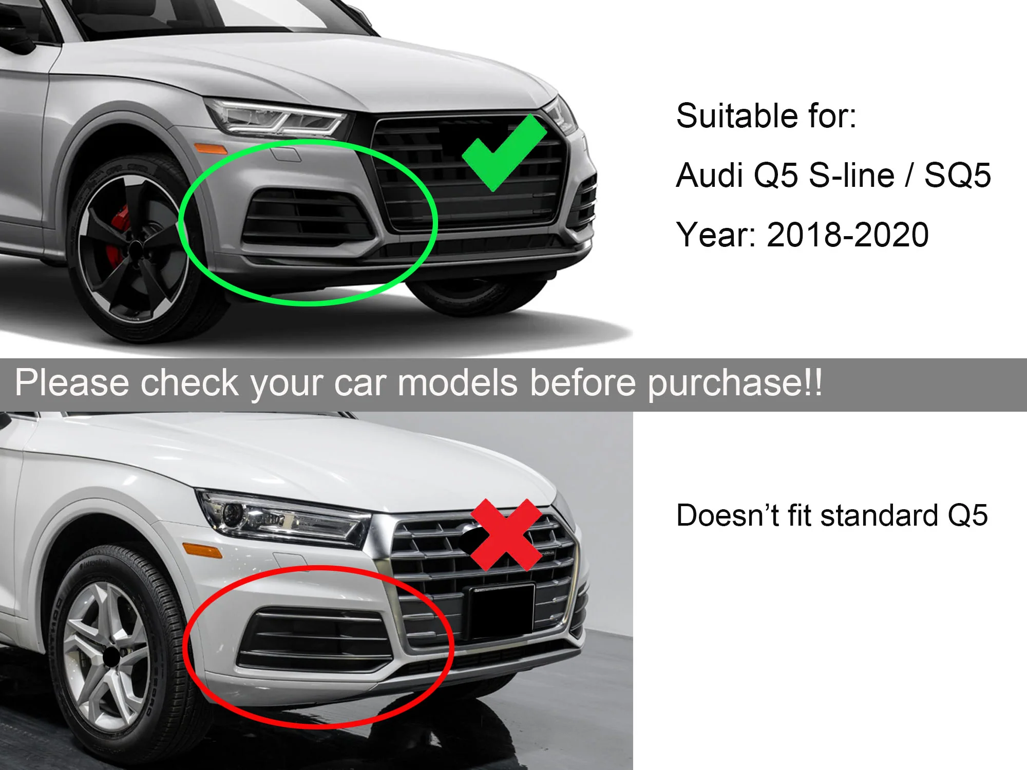 Pair Front Bumper Fog Light Lamp Grille Cover With ACC Refit For Audi Q5 SQ5 2018-2020 Left+Right - Image 4