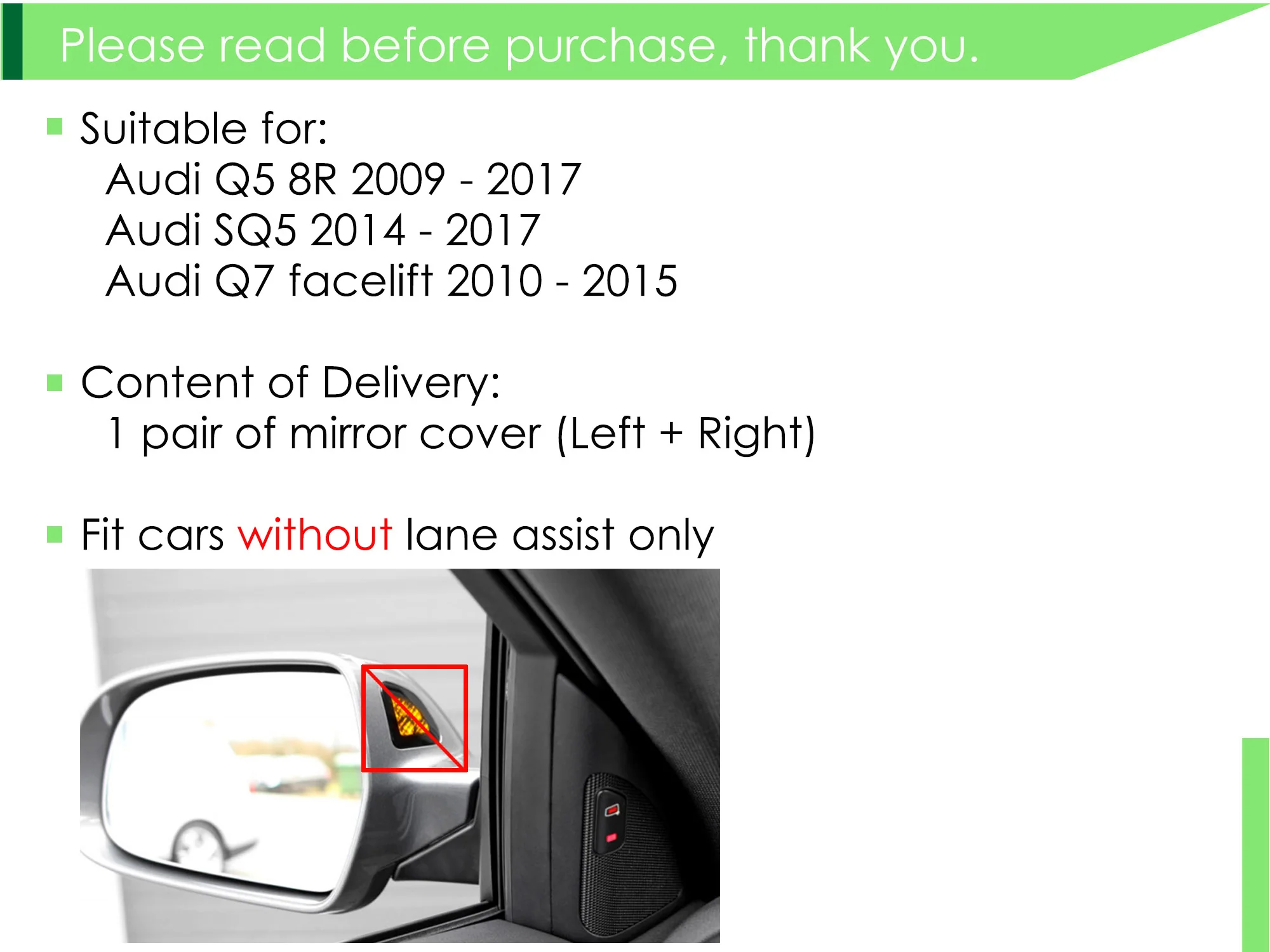 Matt Chrome Mirror Cover Caps For AUDI Q5 8R SQ5 09-17 Q7 10-15 With Lane Assist - Image 14