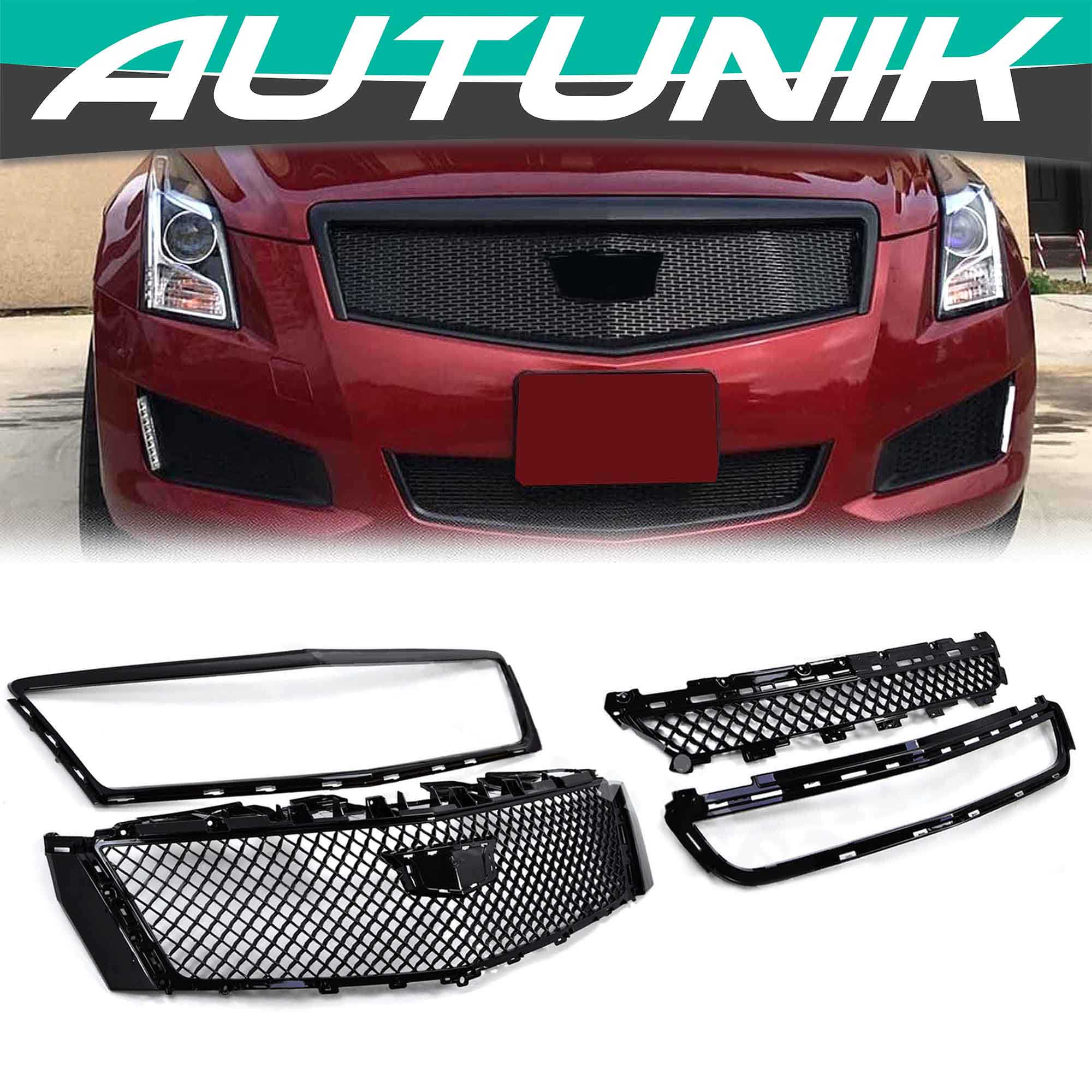 Black Front Upper Grille + Lower Grill w/ Frame for Cadillac XTS 2013-2017 w/o Camera