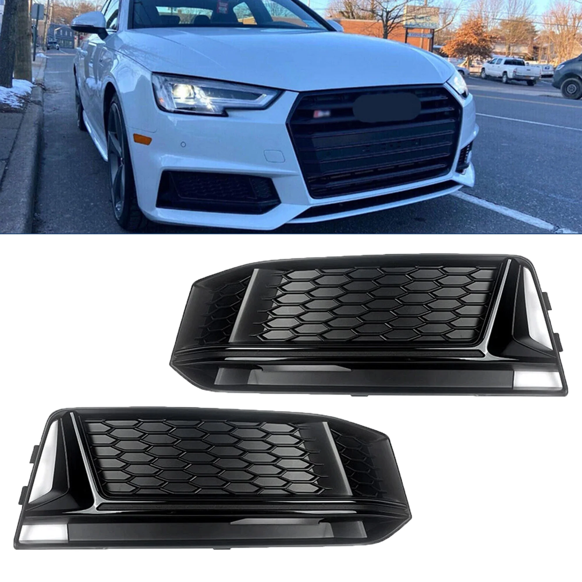 Pair Front Bumper Fog Light Grille Grill Cover for Audi A4 S-line S4 2017-2019