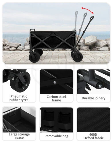 Black Garden Camping Trolley Outdoor Garden Wagon Cart Folding Widen Large - Image 9