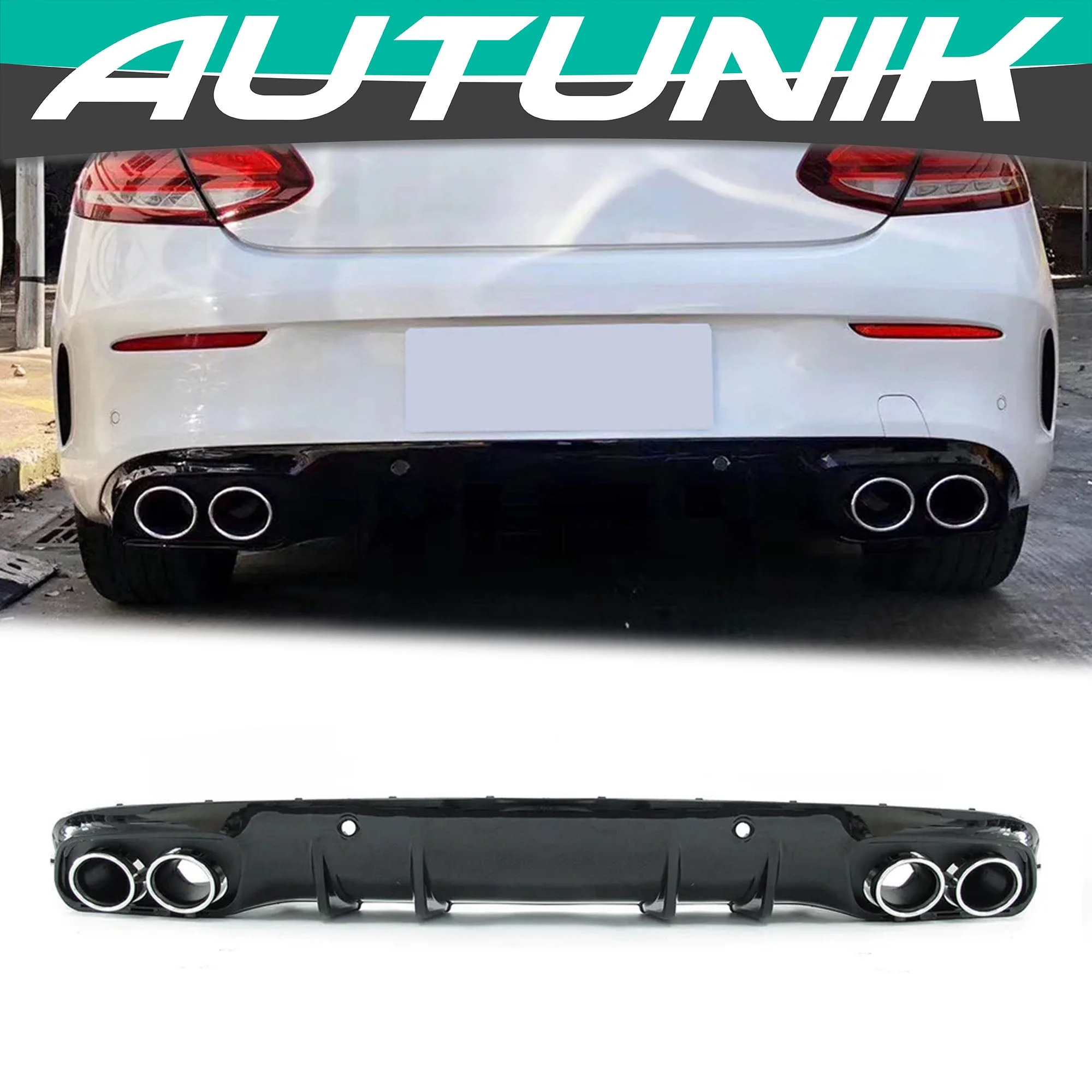 Gloss Black Rear Diffuser w/ Silver Round Exhaust Tips for Mercedes W205 C205 Coupe C300 C43 AMG 2015-2023