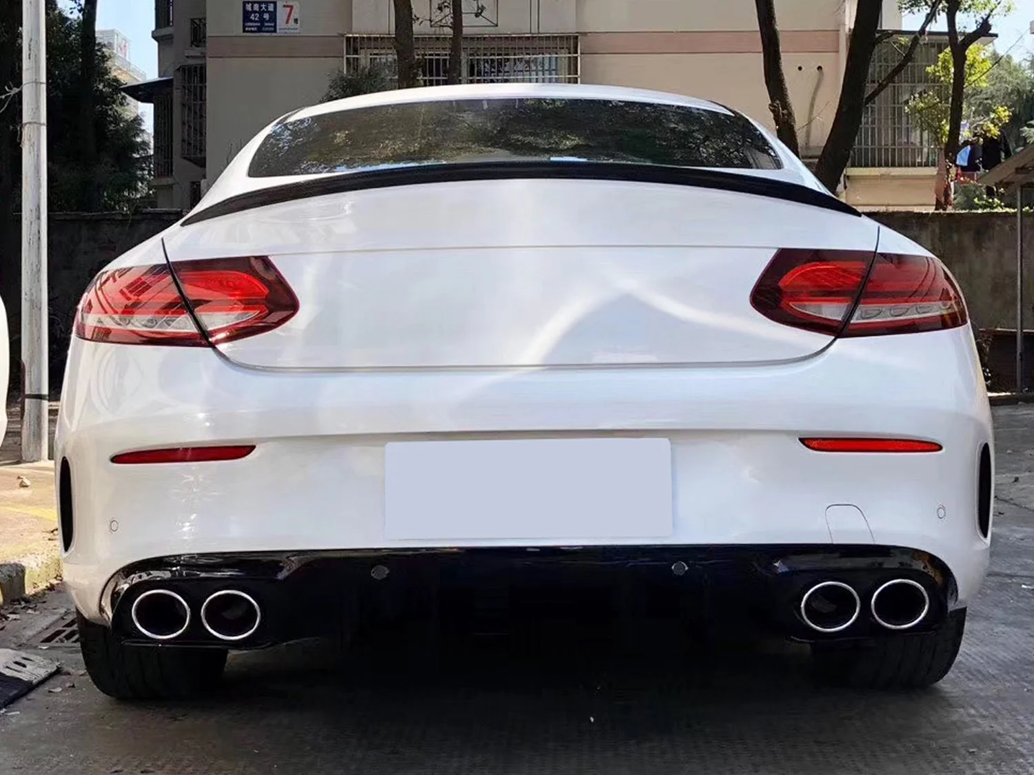 Gloss Black Rear Diffuser w/ Silver Round Exhaust Tips for Mercedes W205 C205 Coupe C300 C43 AMG 2015-2023 - Image 2