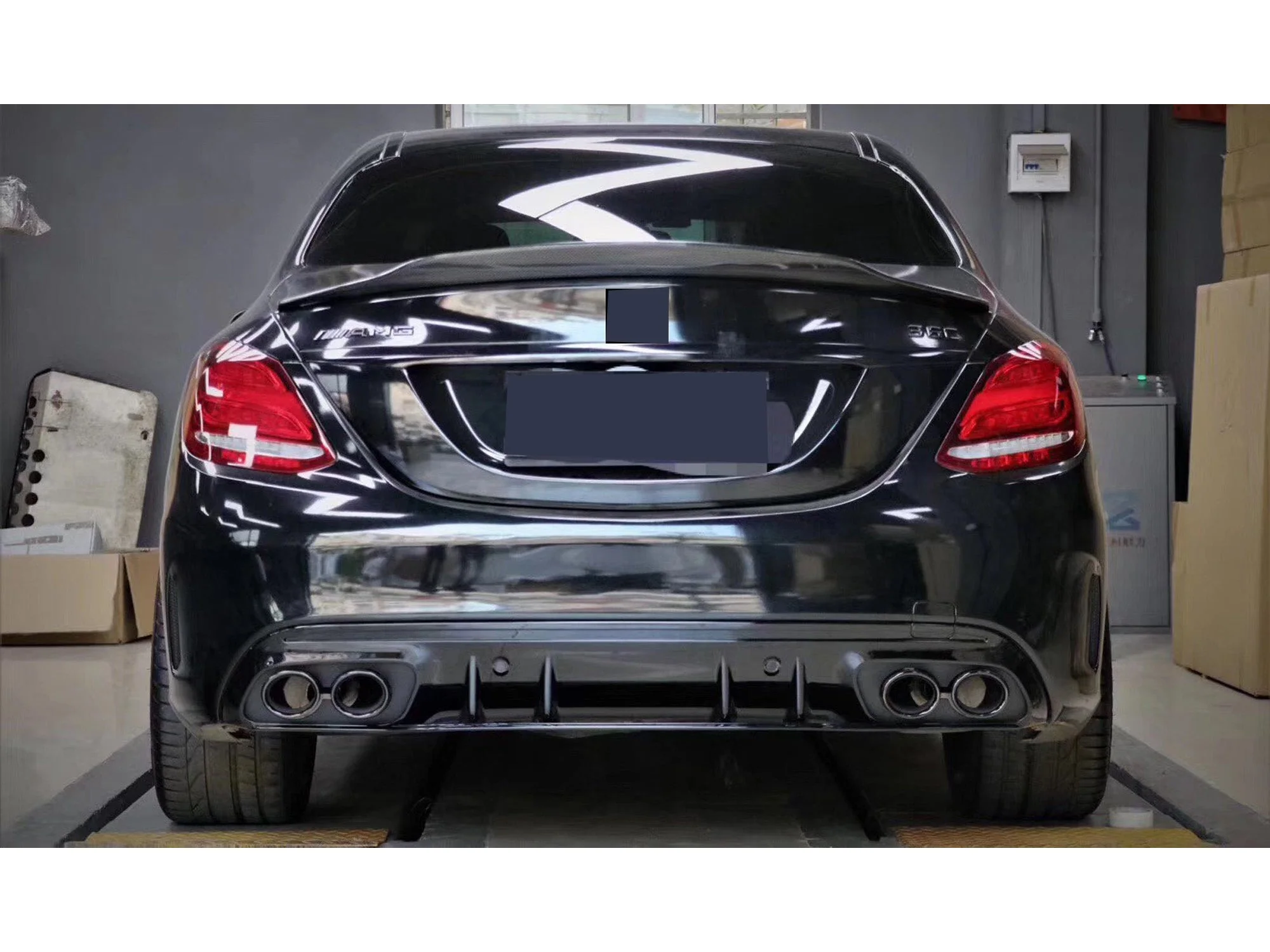 Gloss Black Rear Diffuser + Black Exhaust Tips For Mercedes W205 C250 C300 C450 C43 AMG Sedan 2015-2021 - Image 3