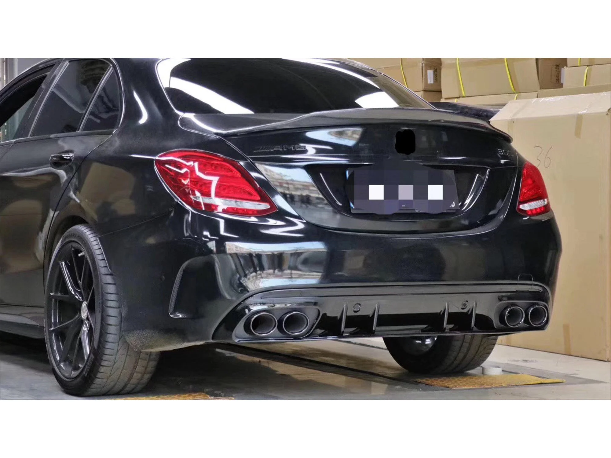 Gloss Black Rear Diffuser + Black Exhaust Tips For Mercedes W205 C250 C300 C450 C43 AMG Sedan 2015-2021 - Image 4