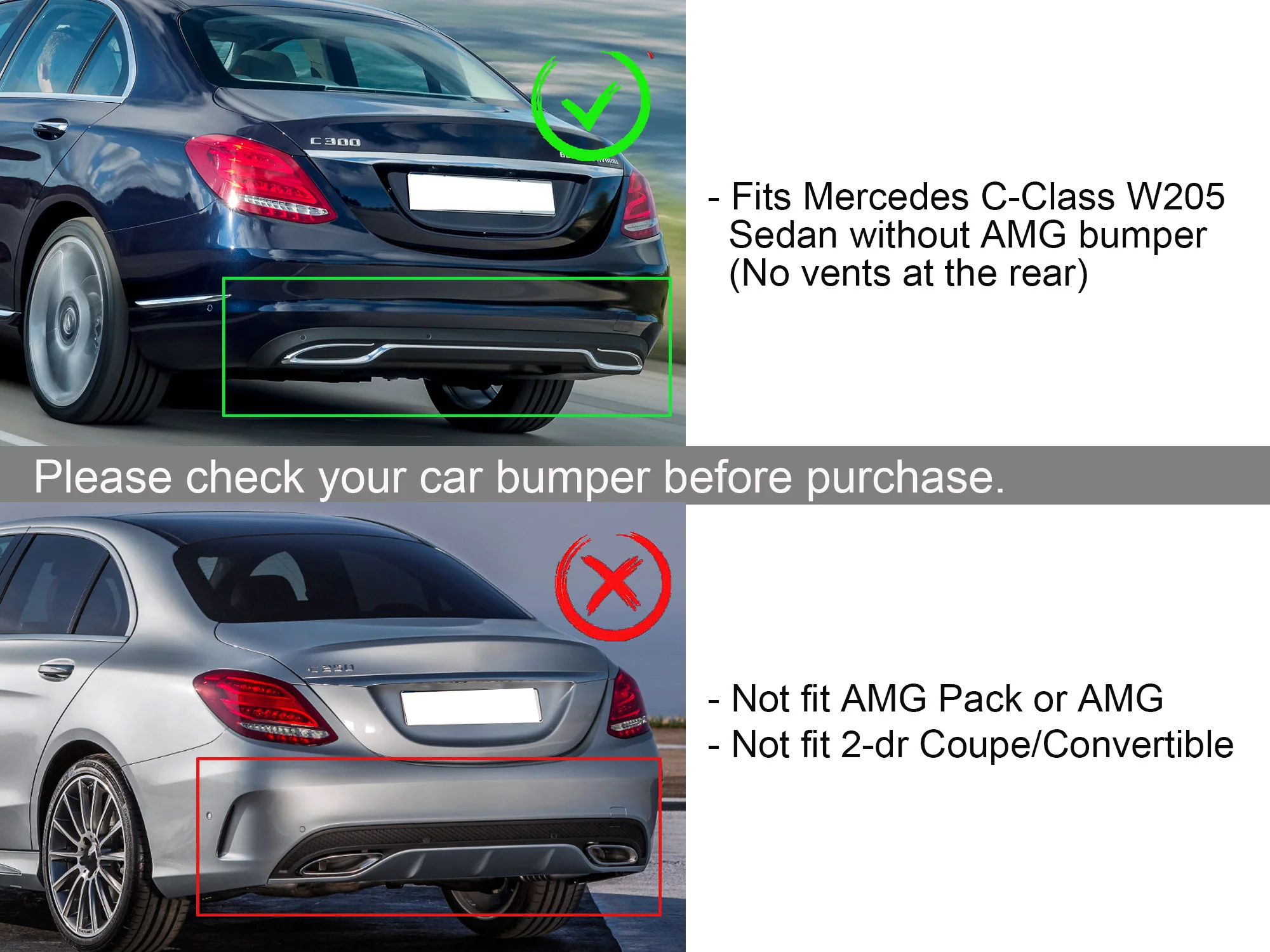 C63 Style Rear Diffuser + Black Exhaust Tips For Mercedes W205 C-Class Base C300 C250 Non-AMG 2015-2021 - Image 4