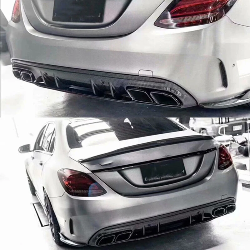 Carbon Look Rear Diffuser + Black Exhaust Tips For Mercedes W205 Sedan C300 C450 C43 AMG Pack 2015-2021 - Image 3