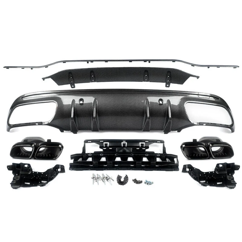 Carbon Look Rear Diffuser + Black Exhaust Tips For Mercedes W205 Sedan C300 C450 C43 AMG Pack 2015-2021 - Image 4