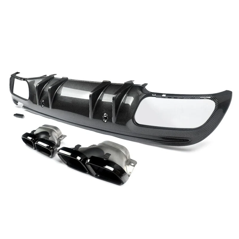 Carbon Look Rear Diffuser + Black Exhaust Tips For Mercedes W205 Sedan C300 C450 C43 AMG Pack 2015-2021 - Image 7