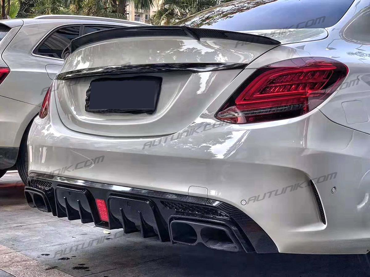 Carbon Fiber Style Rear Diffuser+ Black Exhaust Tips for 2015-2021 Mercedes W205 C300 C450 C43 C300 Sedan AMG Bumper - Image 3