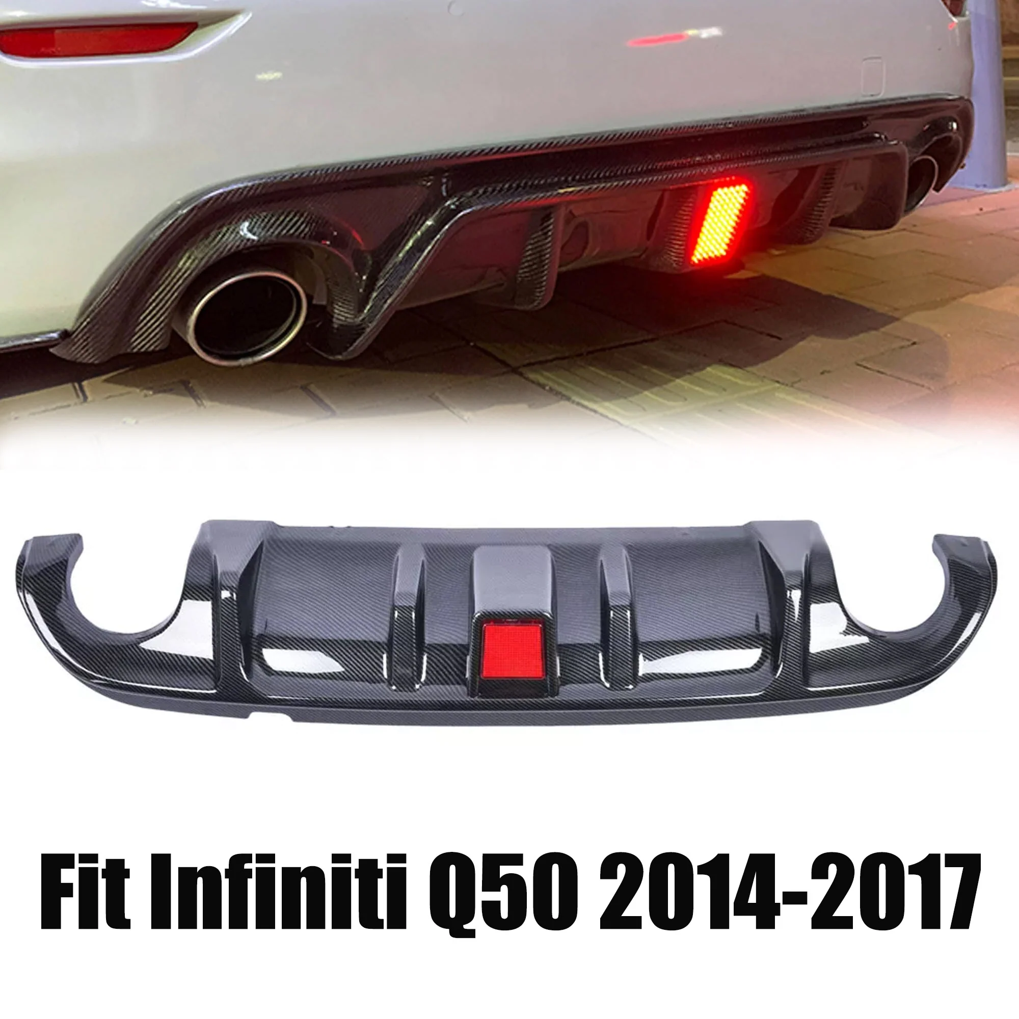 Carbon Fiber Look Rear Diffuser w/ LED Brake Light for Infiniti Q50 2014 2015 2016 2017 - Image 2