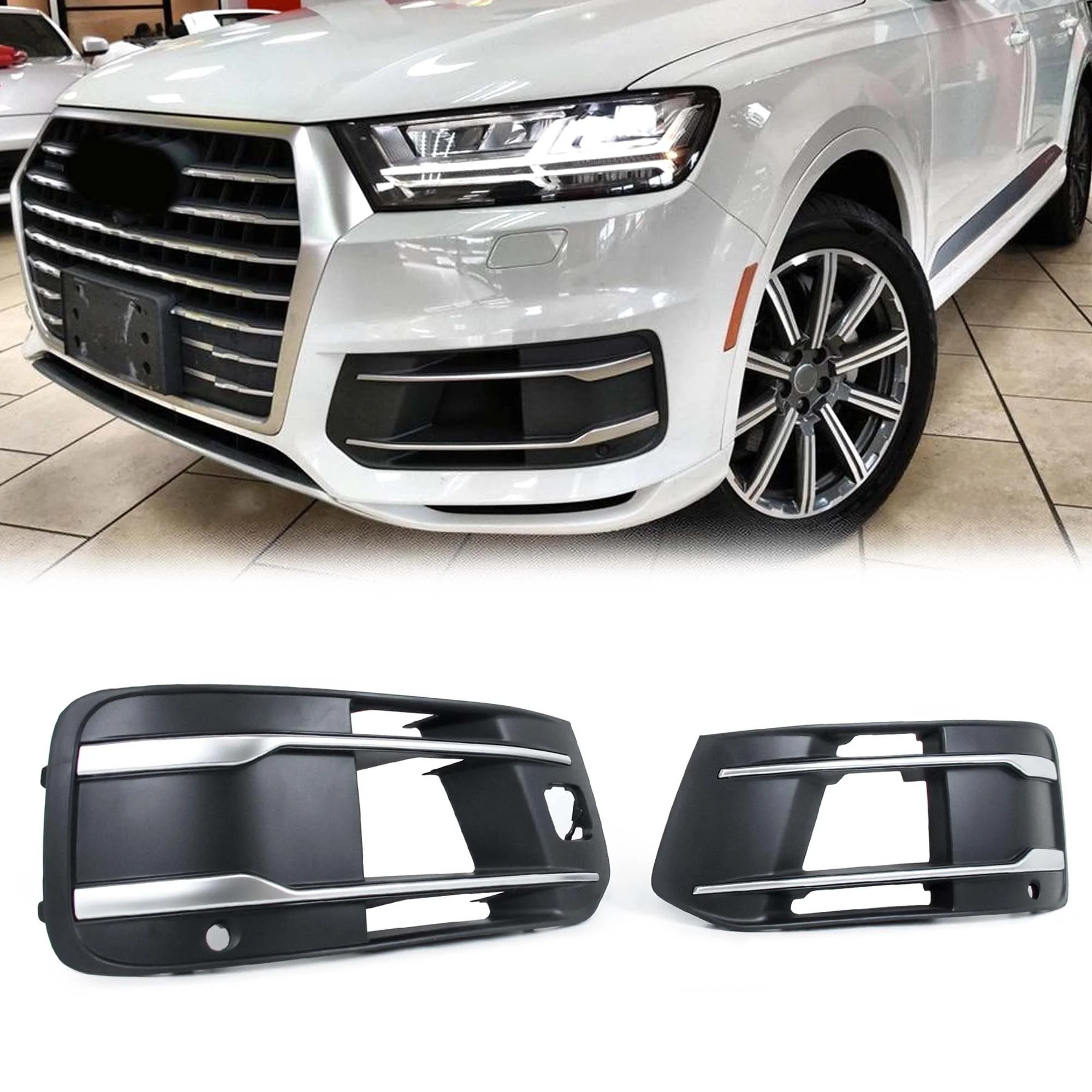 Pair L+R Fit For Audi Q7 2016-2019 Front Bumper Fog Light Grille Cover Bezel Insert 1Pair