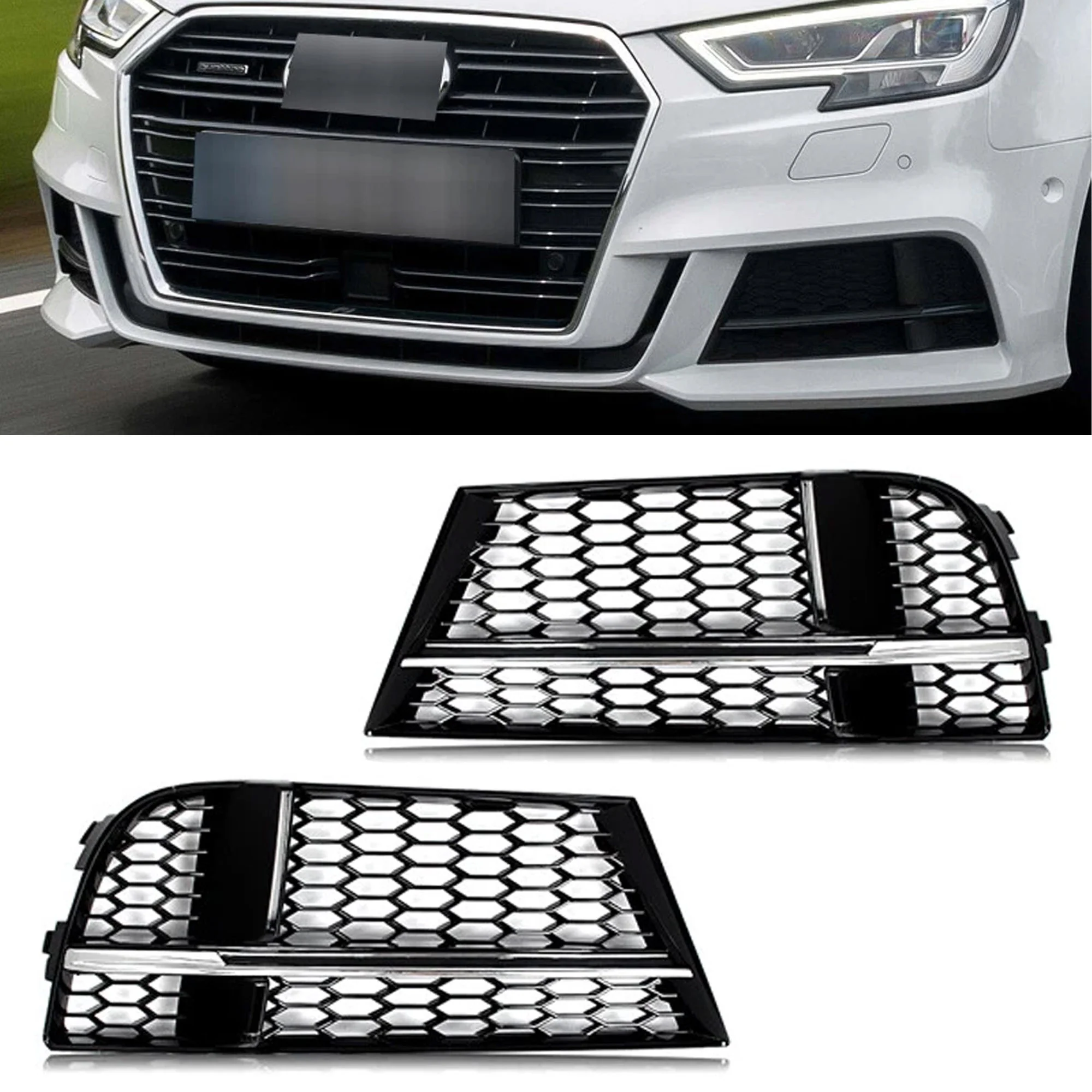 Chrome+Black Honeycomb Fog Light Grill Mesh Cover Fits Audi A3 S Line 2017-2020