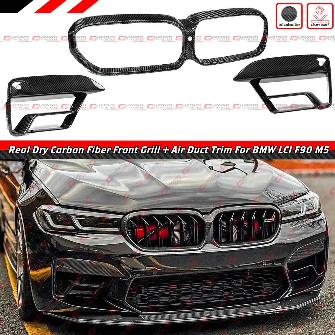 Dry Carbon Fiber Front Air Duct Vent Cover Trim & Front Grille Outline Frame For 2021-2023 BMW F90 M5 LCI