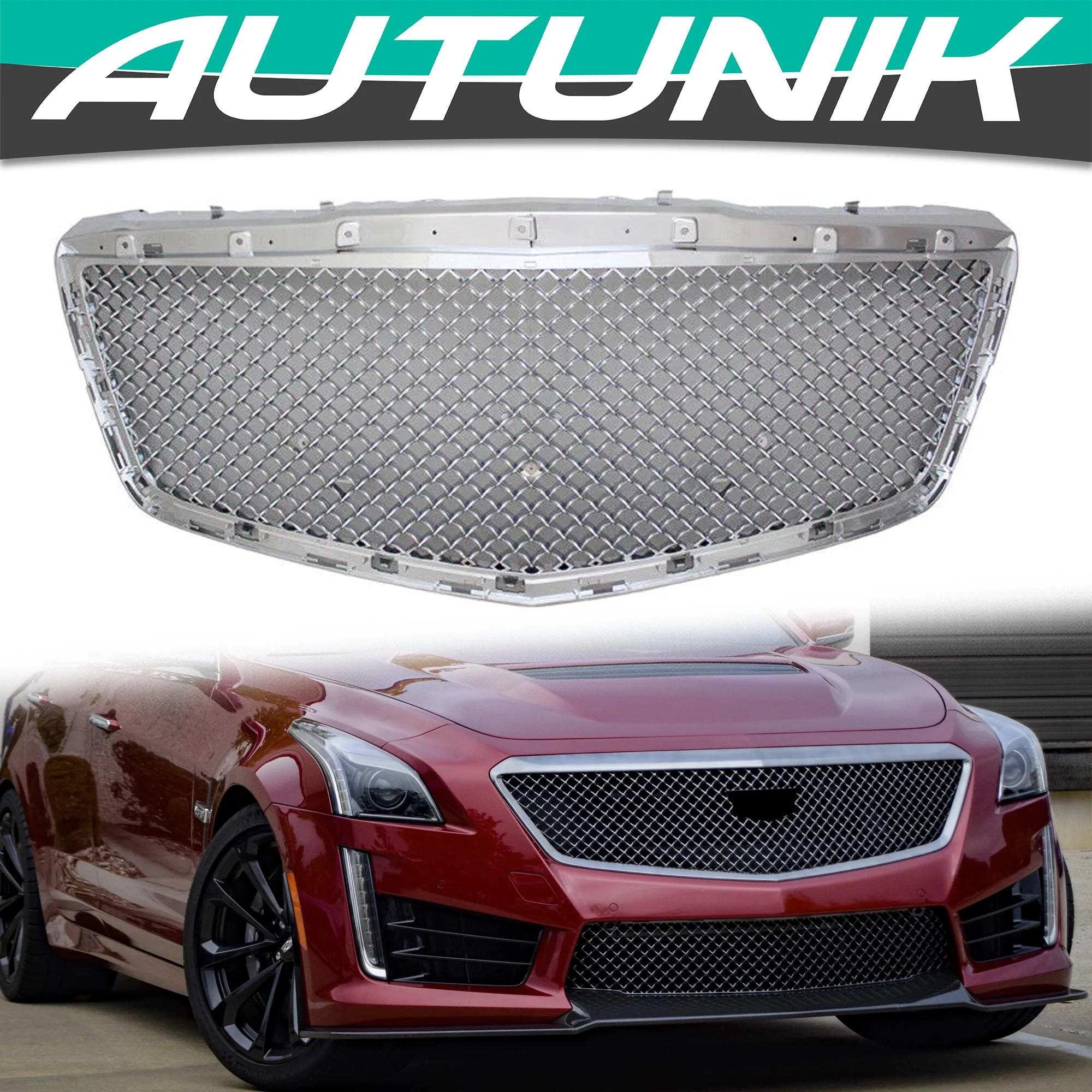 Chrome Front Upper Mesh Grille for 14-19 Cadillac CTS Sedan No Camera Mount
