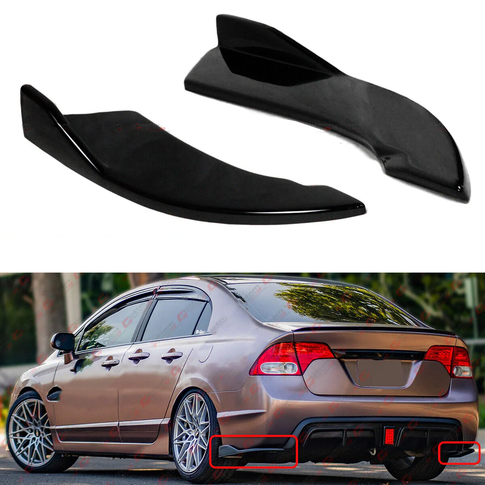For 2006-2011 Honda Civic Sedan Gloss Black Rear Bumper Winglet Corner Spats Extension