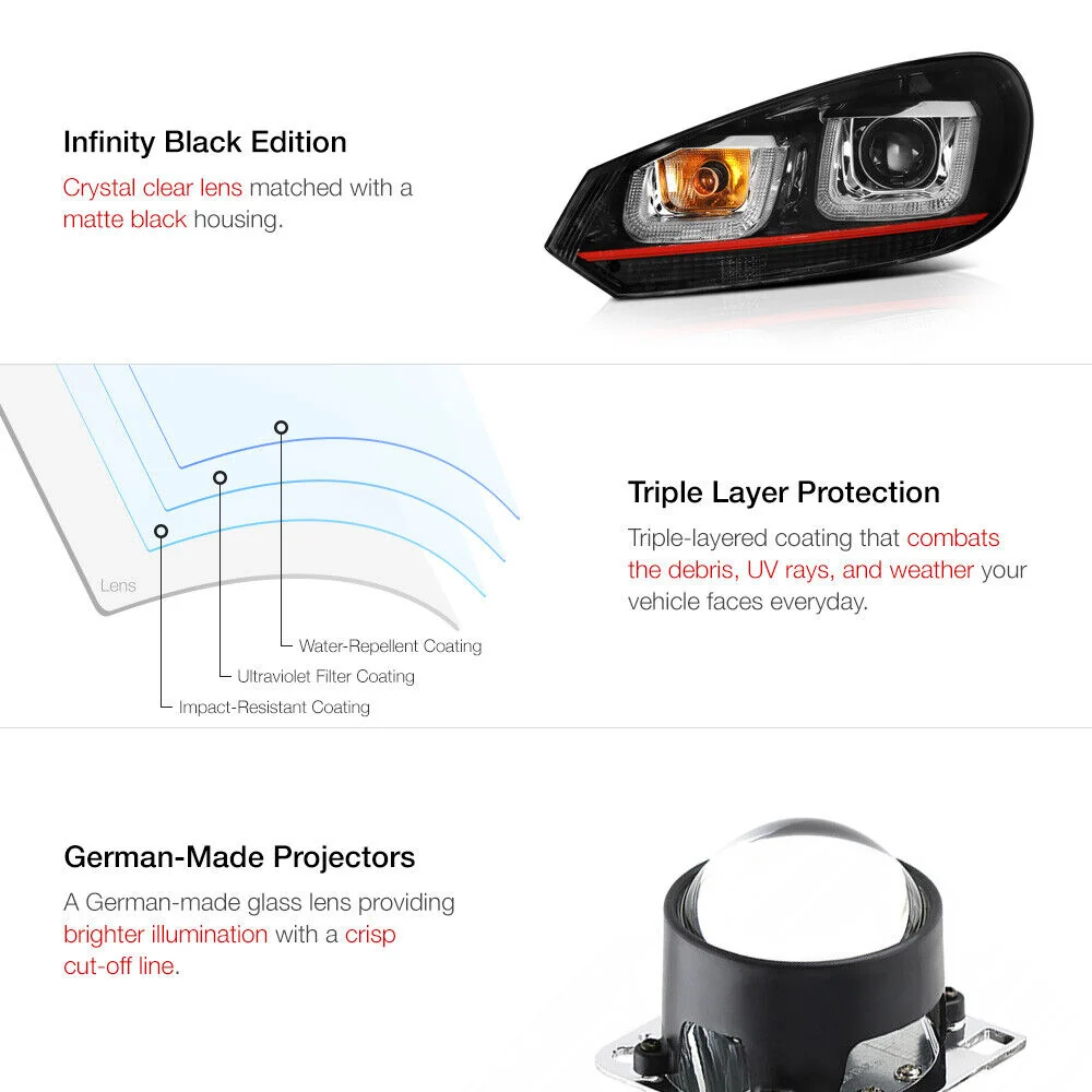 For 2010-2014 Volkswagen MK6 GTI GOLF Sportwagon OLED Neon Tube Red Headlights Pair - Image 5