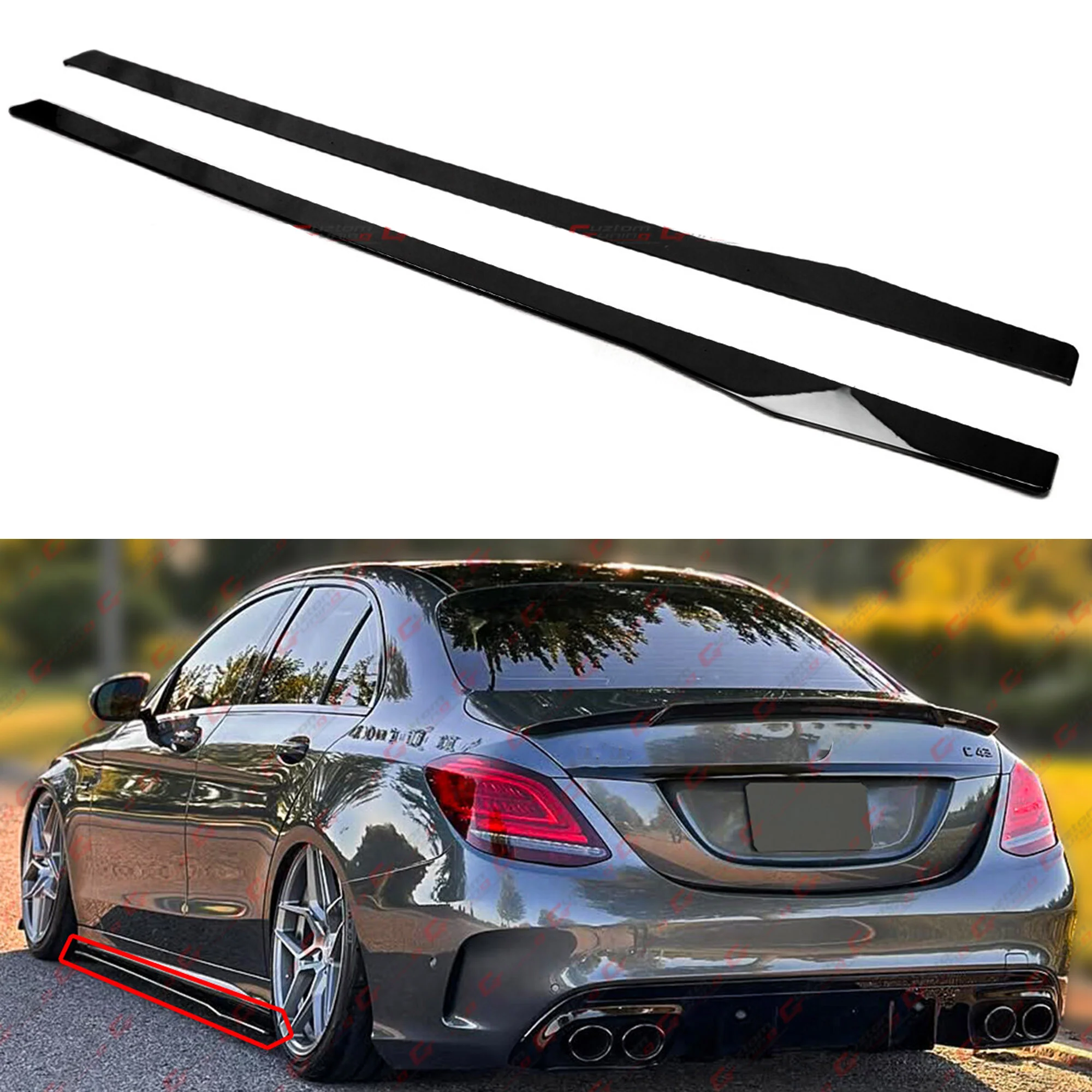 For 2015-2021 Mercedes Benz W205 C300 C43 AMG CMT Gloss Black Side Skirt Extension