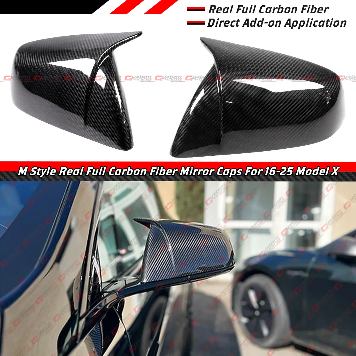For 2016-2025 Tesla Model X Direct Add-On Full Carbon Fiber M Horn Style Side Mirror Caps Covers