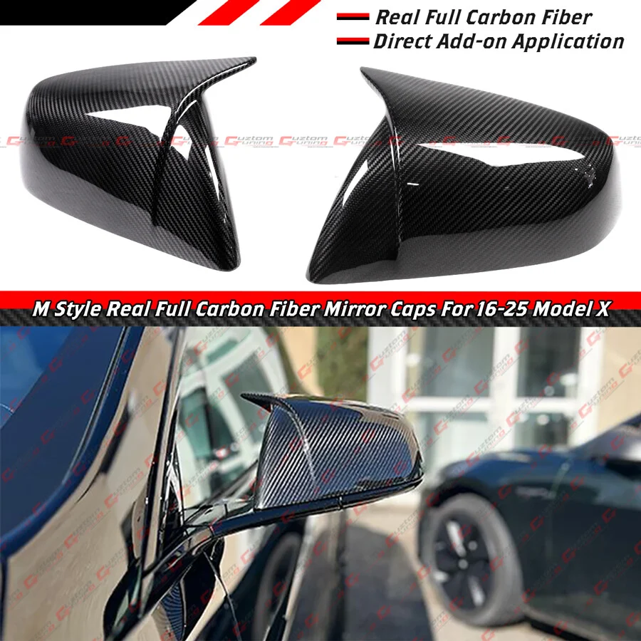 For 2016-2025 Tesla Model X Direct Add-On Full Carbon Fiber M Horn Style Side Mirror Caps Covers - Image 2