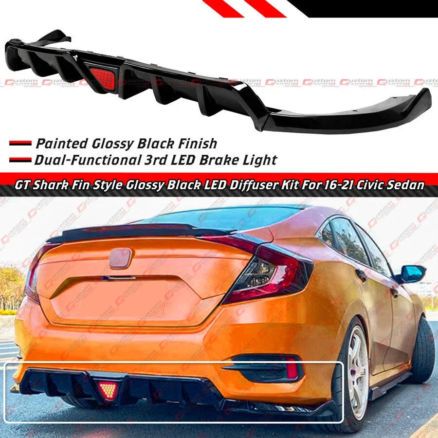 For 2016-2021 Civic Sedan GT Shark Fin Style Gloss Black DIffuser Kit W/ LED Light - Image 2