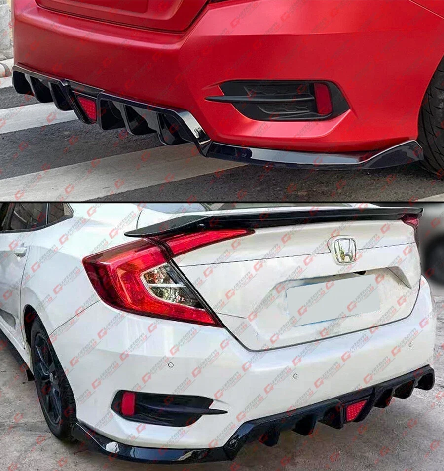 For 2016-2021 Civic Sedan GT Shark Fin Style Gloss Black DIffuser Kit W/ LED Light - Image 9