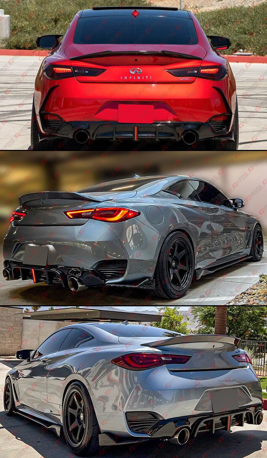 For 2017-2022 Infiniti Q60 Gloss Black Rear Bumper Diffuser w/ LED Brake Light - Image 4