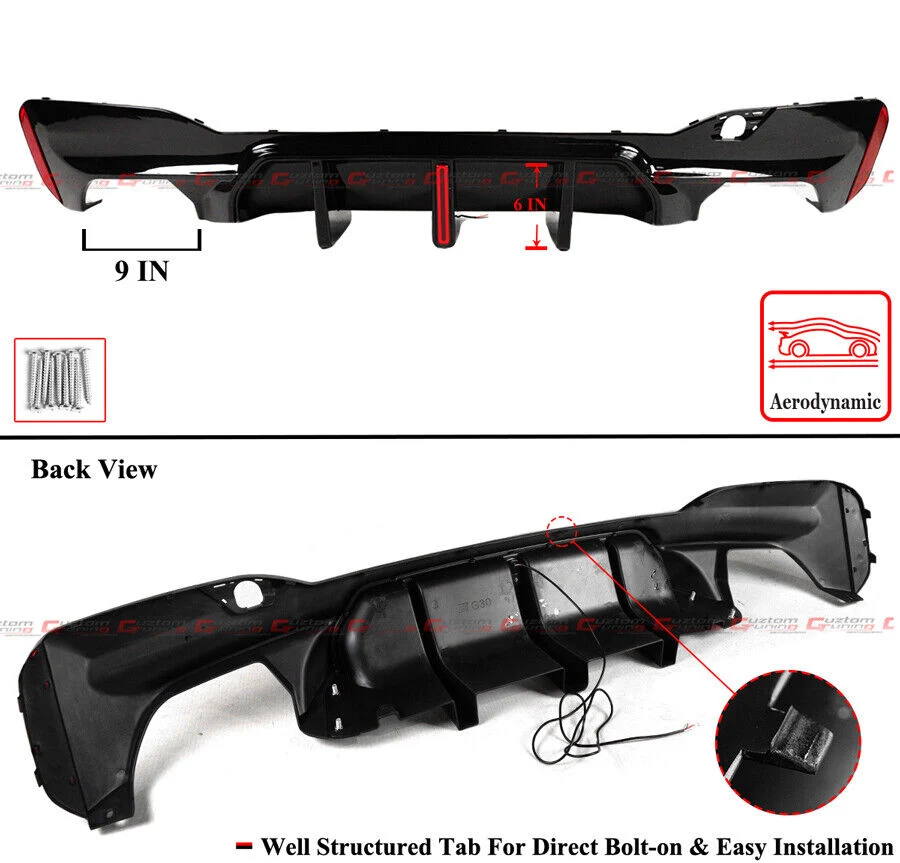 For 2017-2023 BMW G30 530i 540i  Big Fin M5 Style Gloss Black LED Rear Bumper Diffuser Kit - Image 3