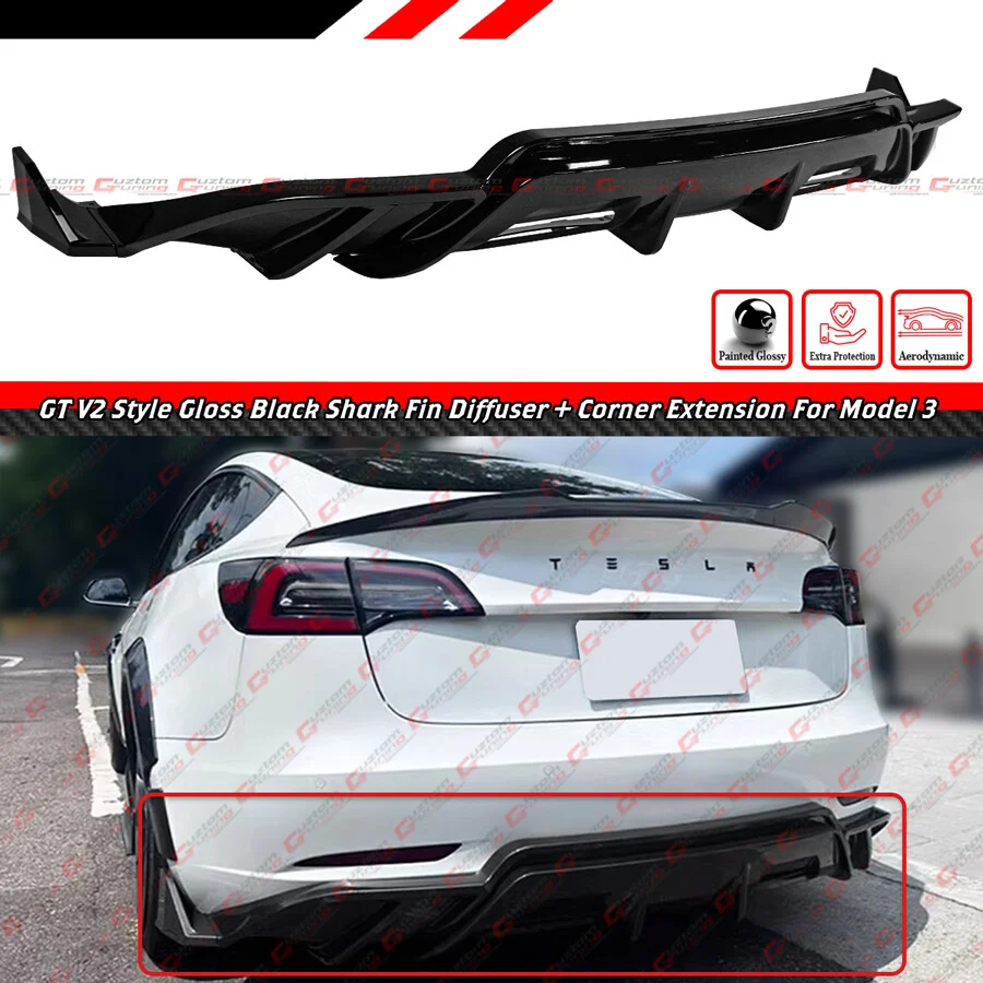 For 2017-2023 Tesla Model 3 GT V2 Style Gloss Black Rear Bumper Diffuser w/ Extensions - Image 2