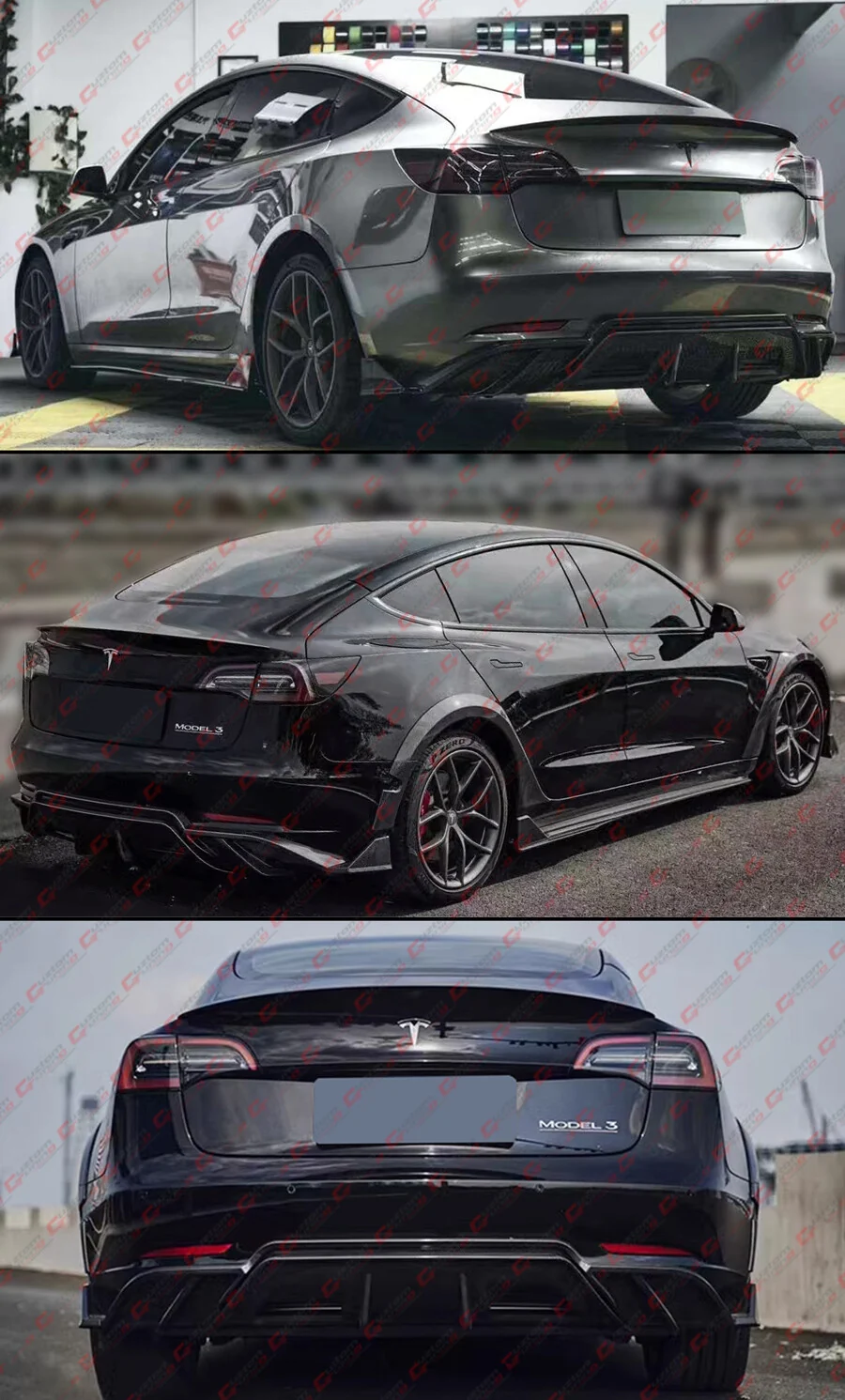 For 2017-2023 Tesla Model 3 GT V2 Style Gloss Black Rear Bumper Diffuser w/ Extensions - Image 7