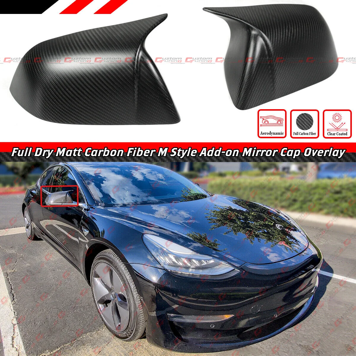 For 2017-2025 Tesla Model 3 Dry Matt Carbon Fiber M Style Side Mirror Covers Caps
