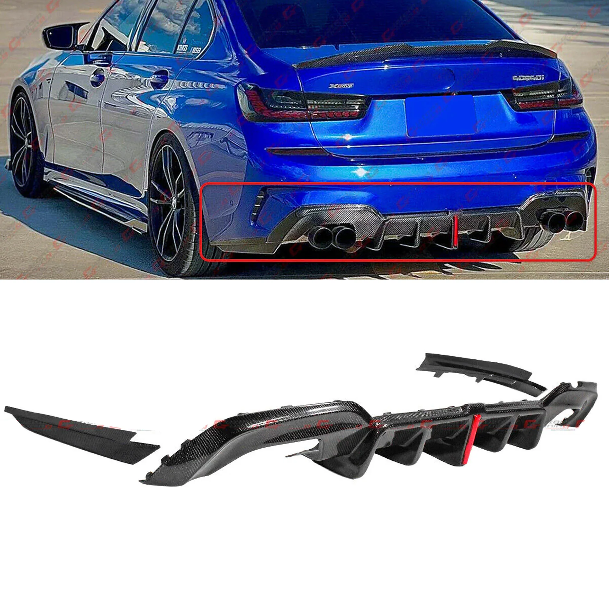 For 2019-2022 BMW G20 3 Series 330i M340i K Style Carbon Fiber LED Rear Diffuser + Side Splitters Extension
