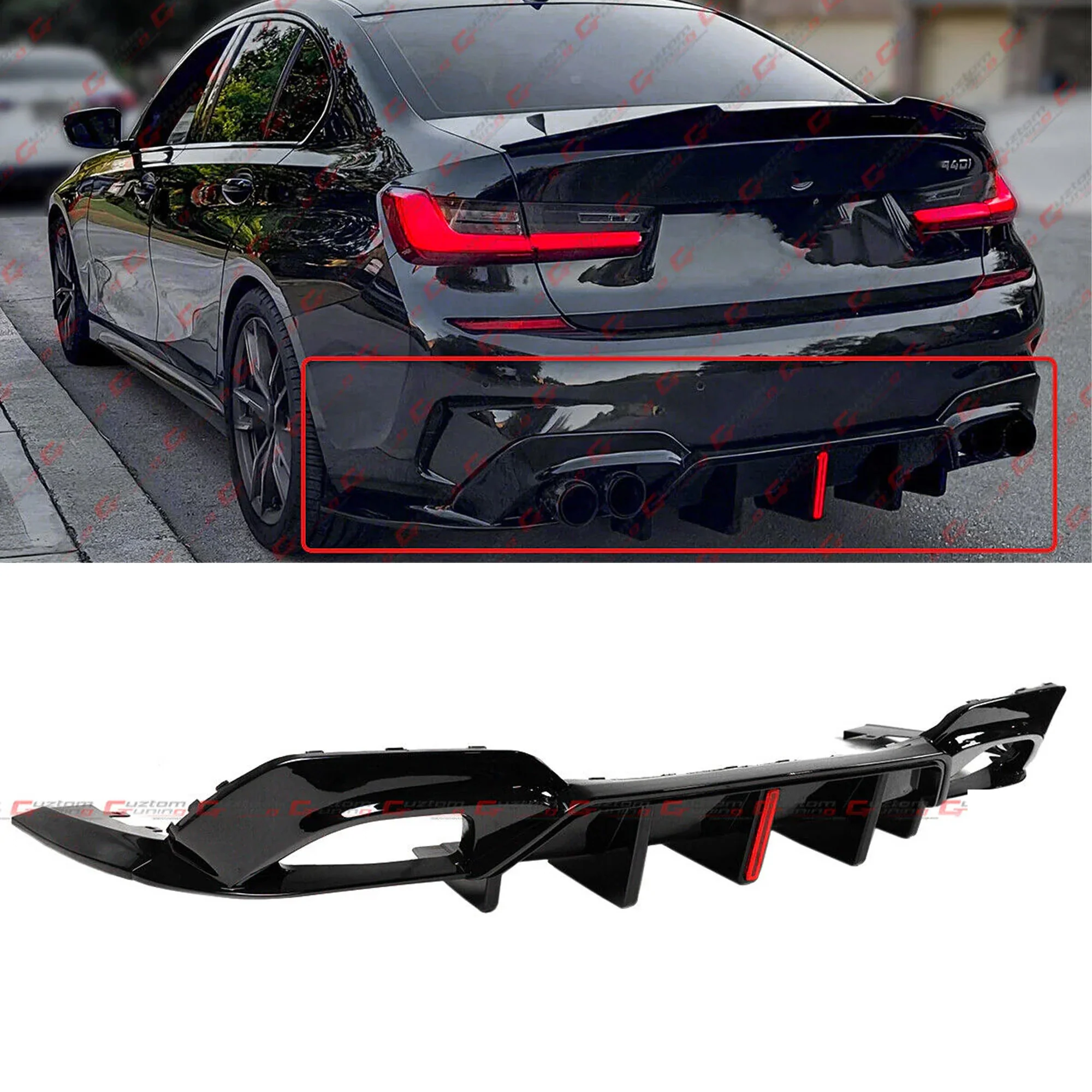 For 2019-2022 BMW G20 3 Series 330i M340i VT Style Gloss Black Rear Diffuser Vertical LED Light