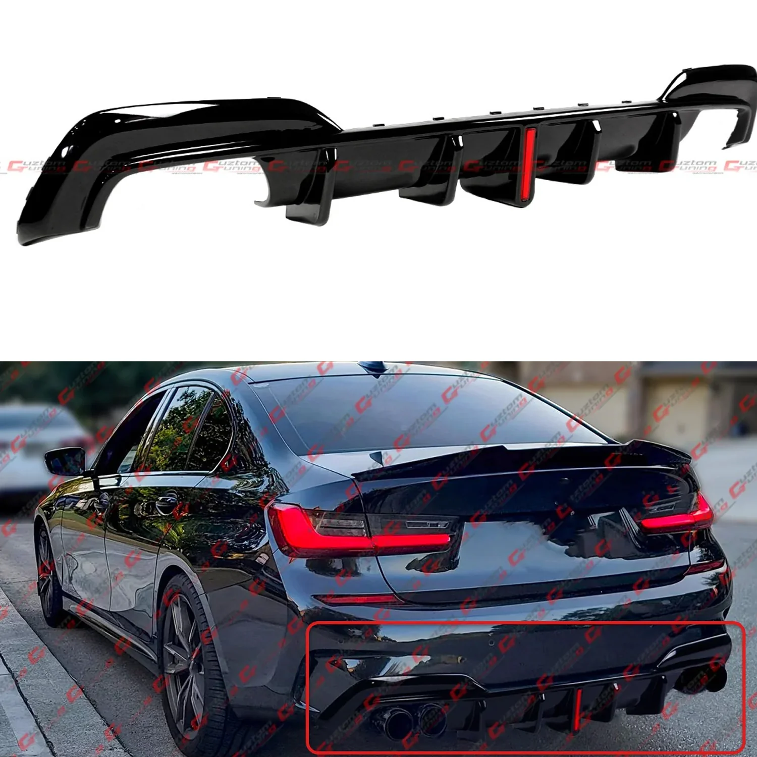For 2019-2022 BMW G20 330i M340i CTM Gloss Black Rear Bumper Diffuser W/ LED Light