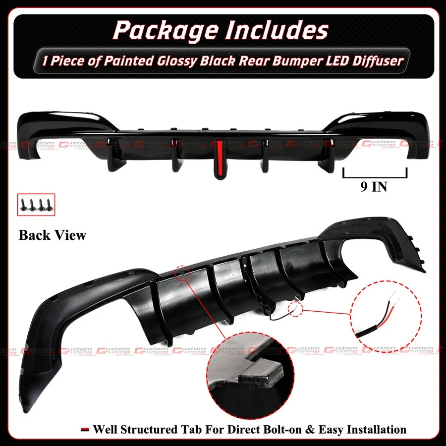 For 2019-2022 BMW G20 330i M340i CTM Gloss Black Rear Bumper Diffuser W/ LED Light - Image 2