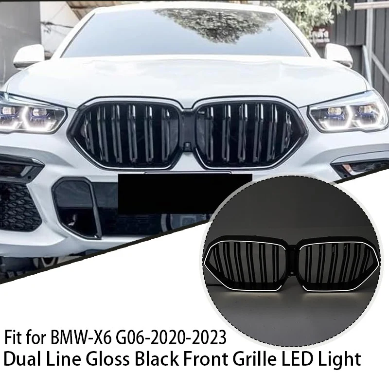 For 2019-2023 BMW X6 G06 Front LED Grille LED Bumper Kidney Grill Gloss Black - Image 2