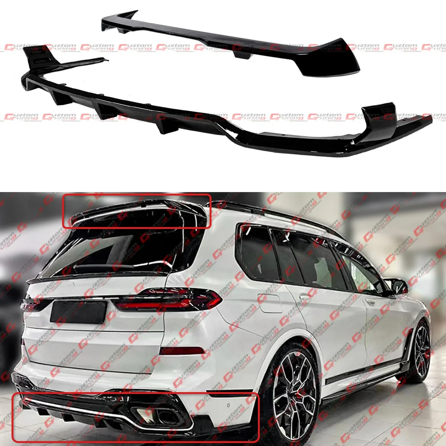 For 2019-2025 BMW X7 G07 M50i M60i Gloss Black Rear Bumper Diffuser Kit + V Style Roof Spoiler