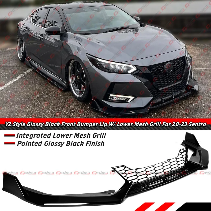 For 2020-2023 Nissan Sentra V2 Gloss Black Front Bumper Lip Splitter W/ Lower Grill - Image 2