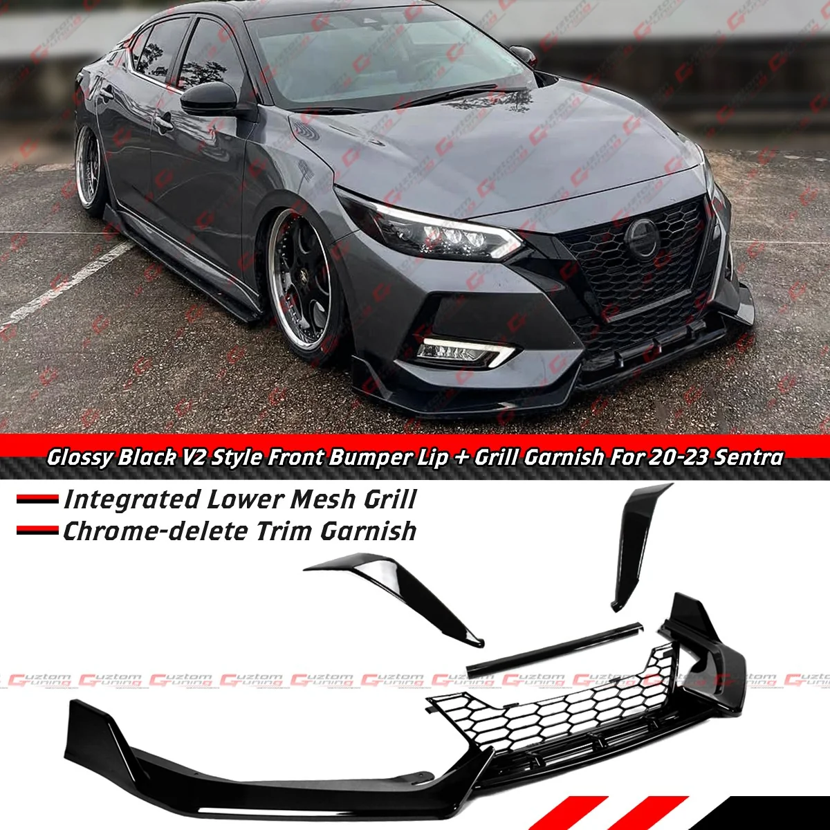 For 2020-2023 Nissan Sentra V2 Gloss Black Front Bumper Lip W/ Grill +Chrome Delete Garnish