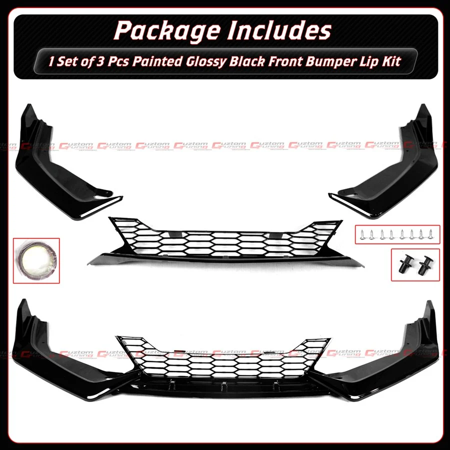 For 2020-2023 Nissan Sentra V2 Gloss Black Front Bumper Lip W/ Grill +Chrome Delete Garnish - Image 4