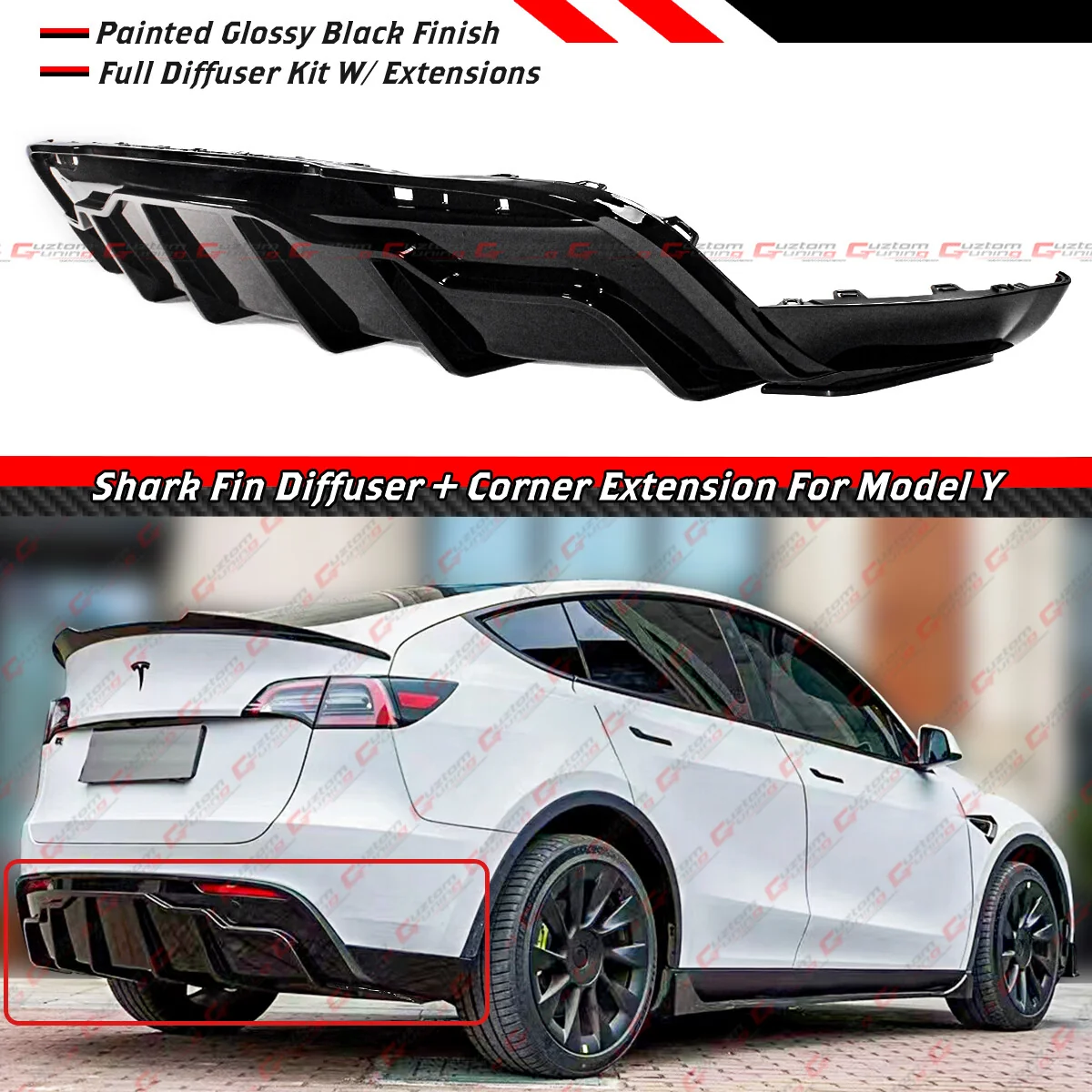For 2020-2024 Tesla Model Y Gloss Black Shark Fin Rear Bumper Diffuser w/ Extensions