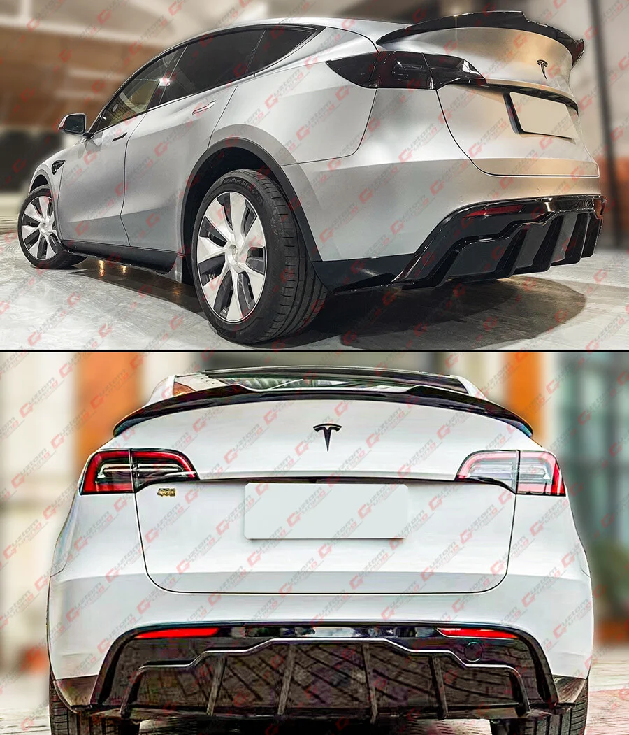 For 2020-2024 Tesla Model Y Gloss Black Shark Fin Rear Bumper Diffuser w/ Extensions - Image 7